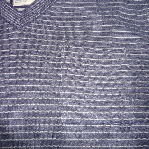 RELWEN MEN BLUE WHITE STRIPED COTTON V-NECK SWEATER SMALL FRONT POCKET MEDIUM - Picture 2 of 10